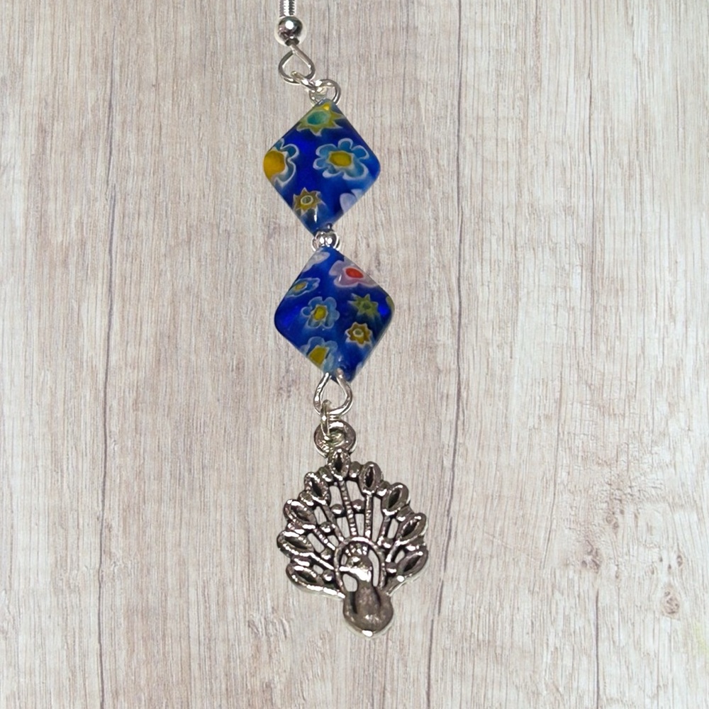 Hand Crafted Peacock Earrings Flowers Floral Long Dangle Pierced Hypoallergenic - Picture 5 of 7